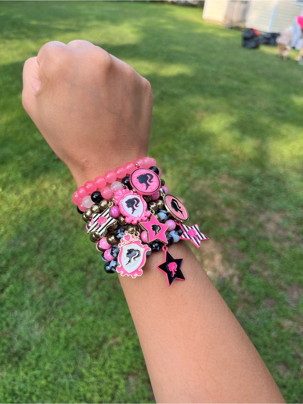 Barbie Charm Bracelet with Pink, Black, and White Beads